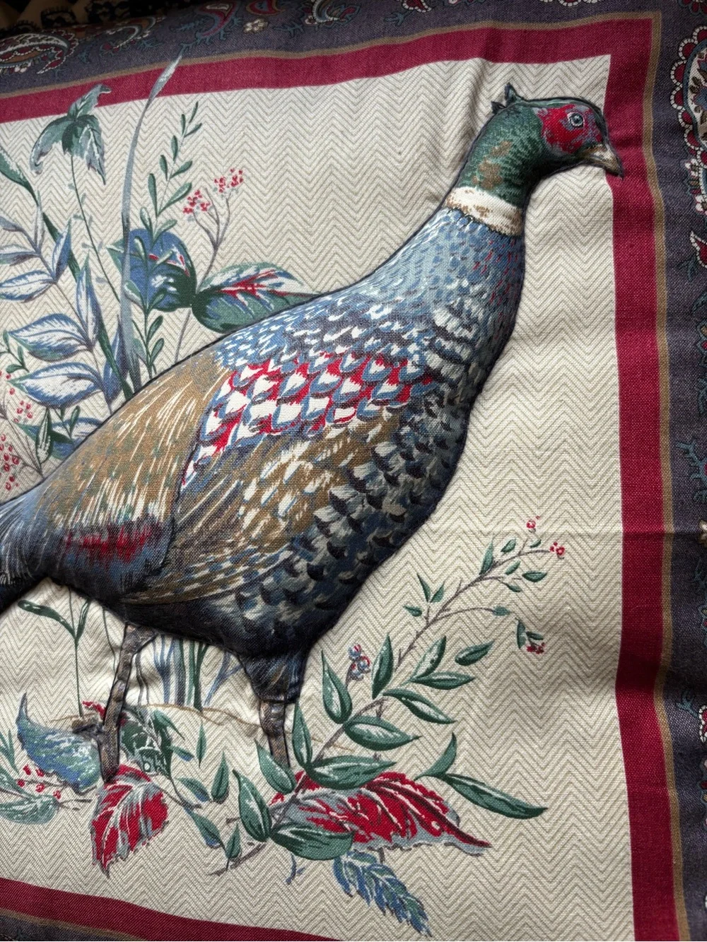 VTG Square Pheasant Bird Pattern Throw Pillow Ruffled Textured Fabric Multicolor